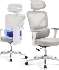 Garvee Silla Escritorio Ergonómica con Base Metálica Sin Color | Con Soporte Lumbar Ajustables,Reposacabezas y Apoyabrazos,Malla Giratoria Beige,Reclinable(90°-135°),Móvil,Carga máx.136 kg
