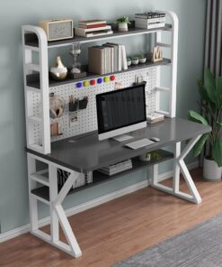 Mesa Gaming, Escritorio de Ordenador con Tablero de Clavijas y Estantes de Almacenamiento Moderno Escritorio de Estudio Estación de Trabajo Multifuncional(80CM, Gray & White)