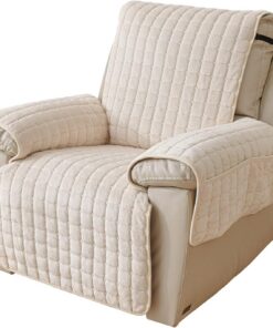 NUODWELL Funda mejorada para silla reclinable con bolsillos, funda antideslizante de felpa, súper suave, lavable, funda protectora de muebles para niños y mascotas (beige con bolsillos, 53 x 190 cm)