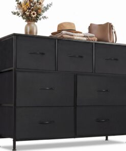 DUMOS Cómoda con cajones – Cómoda y aparador para Dormitorio, Armario de Cocina con 7 cajones, cómoda de Tela con Marco de Acero, Armario pequeño, Ideal para Pasillo, salón (Negro)
