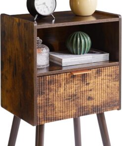 Aibiju Mesita de Noche Moderna con Cajón, Mesa Auxiliar Pequeña para Dormitorio, Mesita de Noche de Mediados de Siglo con Estante Abierto, Marrón Rústico YD-TM061H1