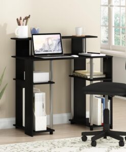 Furinno Jaya - Escritorio negro para computadora de 35.3 pulgadas con estante elevado y estante abierto, escritorio para juegos, escritorio de oficina para oficina en casa, dormitorio, color americano