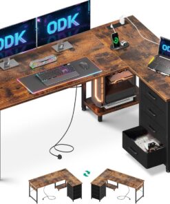 ODK Escritorio esquinero con cajones, escritorio reversible en forma de L para computadora con toma de corriente, escritorios de oficina con puerto de carga USB y soporte de host para oficina en casa,