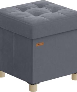 SONGMICS Puff Almacenaje Pequeño, Banco Plegable, 38 x 38 x 40 cm, Reposapiés, 37 L, Superficie de Terciopelo, para Dormitorio, Sala de Estar, Dormitorio, Gris Pizarra LSF0516G01