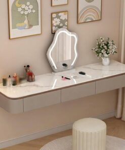 Tocador flotante de madera maciza con cajones, mesa de maquillaje montada en pared totalmente ensamblada,escritorio con esquinas redondeadas,solo mesa(Khaki+Oak+Sintered Stone Top,60cm/23.6in)