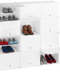 Relaxdays Mueble Zapatero Modular, Armario Organizador Zapatos con Puertas, Estantería Cubo 12 Cajones, Plástico, Blanco