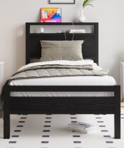 HOJINLINERO Estructura de cama de metal de 90 x 200 cm con somier y función de carga USB, cama individual de invitados, cama juvenil de 90 x 200 cm con espacio de almacenamiento, cabecero de cama de