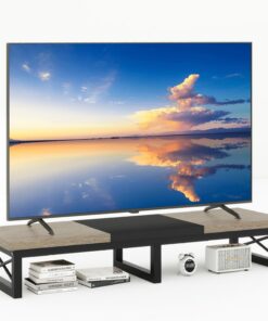 IBUYKE Mueble de TV para 32-60" TV,Mesa Televisión Estrecha con 2 balda,Doble Pantalla de Escritorio de Oficina,Mueble de TV para Hogar,Dormitorio,Sala de Estar,Negro Greige TVT002YB