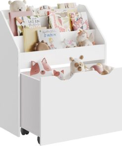 SONGMICS Estantería de Juguetes con 3 Compartimentos, Librería Infantil, Caja de Juguetes Móvil, con Ruedas, Multifuncional, para Habitación de los Niños y Sala de Juegos, Blanco Nube GKR041W10