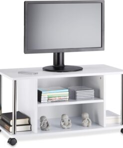 Relaxdays Mueble para TV con Ruedas, Madera-Acero Inoxidable, Blanco, 41.5 x 80 x 40 cm
