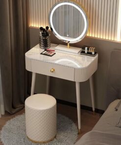 Mesa de tocador de maquillaje con cajones e iluminación, tocador de madera maciza con espejo, incluye taburete redondo, ideal para sala de maquillaje, 60 x 40 x 77 cm