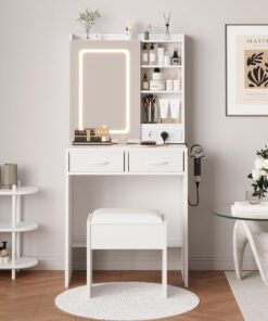 Escritorio LED con estación de carga, mesa de tocador de maquillaje con 3 modos de luz, taburete de almacenamiento acolchado, 2 cajones, estantes abiertos, control táctil, tocador moderno