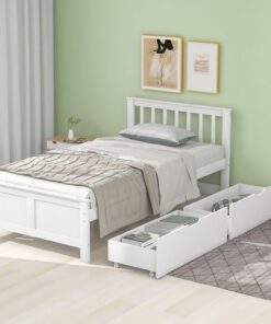 KnSam Cama de madera, cama individual, cama juvenil, cama para adultos con cajones, marco de madera de pino, blanco (90 x 200 cm)