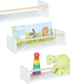 Relaxdays Estantes de Pared Infantiles, Set de 3, Baldas Flotantes Niños, 12x50x18 cm, Estantería Niños, Blanco/Natural