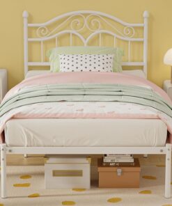 Ulifance Marco de cama individual con cabecera vintage, marco de cama de metal de 3 pies para niños con espacio de almacenamiento, no necesita somier, sin ruido, fácil montaje, color blanco