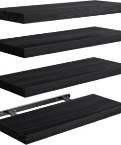 Pipishell Estanteria Pared, baldas flotantes de 40 cm, Estantes de Pared de Madera de Paulownia, Estantes de Madera Juego de 4 para Baño, Dormitorio, Oficina, Salón, Cocina, etc (Negro)