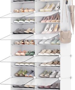 SONGMICS Mueble Zapatero Plástico, 10 Compartimentos para 40 Pares de Zapatos, con Puertas, Estructura de Acero y Estantes de Plástico, Armario para Dormitorio, Blanco Nube y Transparente LPC035W01
