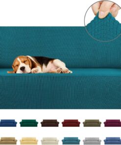 KEKUOU Funda elástica para sofá de 3 plazas (de 79 a 94 Pulgadas), Protector de Muebles de 3 Asientos con Parte Inferior elástica para niños o Perros, Jacquard a Cuadros pequeños (Grande, Azul Pavo