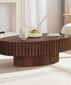 110 cm Mesa de Centro Ovalada, Nogal | Diseño de Madera Estriada, Moderno de Mediados de Siglo - Mesa Central para Salón, Apartamento - Montaje Sencillo