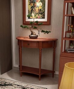 Mesa Consola de Media Luna de Madera Maciza, Mesa Auxiliar Estrecha de Estilo Retro para sofá con cajón de Almacenamiento y Estante Abierto para Sala de Estar(Cherry,60cm/23.6in)