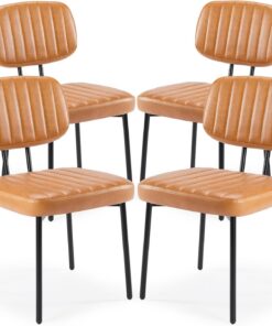 Sweetcrispy Juego de 4 sillas de comedor tapizadas modernas de mediados de siglo con asiento de cojín de piel sintética y patas de metal para cocina, sala de estar, color marrón