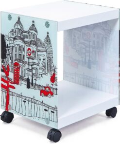 Inter Link - Mesa auxiliar - Mesilla de noche - Mesa de centro - Con ruedas - London Cube - Cristal y MDF - Moderna y práctica - Lacada en blanco - 38 x 33,5 x 46 cm