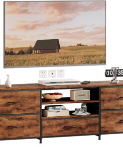Mueble para TV, armario bajo para televisores de hasta 65 pulgadas, con 5 cajones de tela, 2 compartimentos abiertos, mesa de televisión con estructura de acero para salón, 30 x 140 x 50 cm