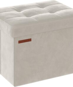 SONGMICS Puff Almacenaje, Banco de Almacenamiento de Terciopelo Plegable, Taburete Reposapiés, 31 x 41 cm, Carga de 130 kg, para Entrada, Sala de Estar, Dormitorio, Blanco Crema LSF200W01