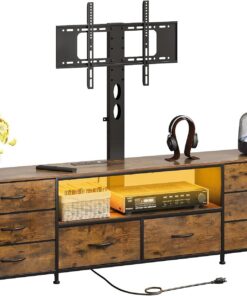 VEDECASA Mueble bajo para TV de 180 cm con soporte de TV, iluminación LED y regleta, armario de TV con 8 cajones de tela y compartimento abierto para dispositivos, mesa de televisión industrial para