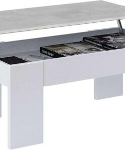 Mesa de Centro Elevable, Mesita de Salón o Comedor, Modelo LC, Acabado en Color Blanco Artik y Cemento, Medidas: 100 cm (Ancho) x 50 cm (Fondo) x 45-56 cm (Alto)