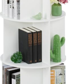 Relaxdays Estantería Giratoria, 15 Compartimentos, 104x50 cm, 3 Niveles, Estante Redondo Libros, Librería, MDF, Blanco
