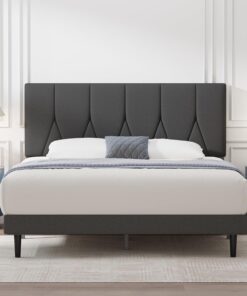 Yocreat Marco de cama doble, gris oscuro, marco de cama tapizado de madera con cabecero, fácil montaje, almacenamiento debajo de la cama, no necesita somier, 135 x 190 pulgadas
