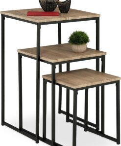 Relaxdays Mesas Auxiliares, Pack de 3, Mesitas de Salón, 3 Tamaños, Diseño Nido, de Metal, Cuadradas, Gris y Negro