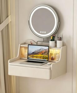 Tocador Flotante con cajón y luz LED, tocador Multifuncional montado en Pared Dormitorio, Puertas de gabinete de Vidrio, Superficie Extensible de Piedra sinterizada(50cm/19.7in)