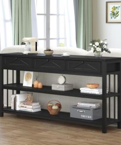 HSH Mesa consola de entrada con cajones de almacenamiento, 140 cm, roble negro | Mesa consola con almacenamiento para sala de estar, mesa de sofá rústica de madera y metal, mesas de pasillo para entrada