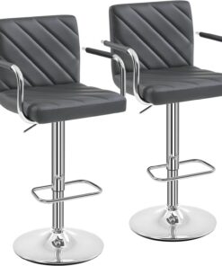 Yaheetech Juego de 2 Taburetes de Bar de Polipiel con Reposabrazos Gris | Sillas de Bar Modernas Giratorias de Altura Ajustable con Respaldo Reposapiés,para Desayuno, Mostrador, Cocina y Hogar