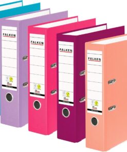 Falken Pack de 5 Archivadores PP-Color, Fabricado en Alemania, 8 cm, DIN A4, surtido en colores pastel, cubierta exterior de plástico, interior de papel, con etiqueta de lomo intercambiable | 1 x turquesa, lila, rosa, mora, salmón, fabricado en Alemania, funda de plástico vegano, cubierta exterior de papel interior