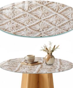 Tapa para Mesa de Centro 90 cm | Redondo | Multiusos | Bordes Pulidos | Patrón de macramé | con Impresión Decorativa | Vetro Temperato | Pies Antideslizantes | para la Cocina y Salón