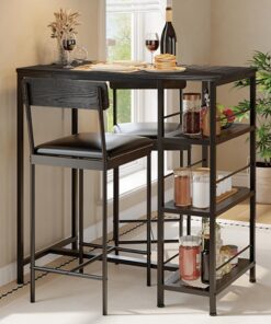 Juego de mesa de comedor moderno de 3 piezas para 2, mesa de bar que ahorra espacio con 2 taburetes tapizados, marco de metal, estante de vino integrado, ideal para cocina, comedor