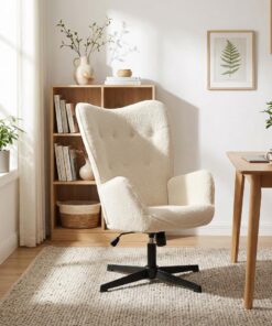 MEUBLE COSY Silla de Oficina Giratoria 360°, Función de Inclinación, Altura Ajustable, Acolchada con Espuma en Tela de Chenilla, para Escritorio Estudio, sin Ruedas, Beige