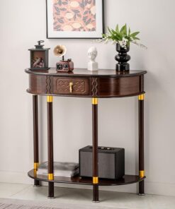 Mesa Consola de Media Luna Estilo Americano Vintage, Mesa Auxiliar de bambú para recibidor con cajón, Mueble Decorativo con Estante Abierto, para Sala de Estar(80cm/31.5in)