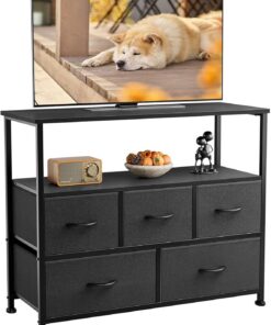 DUMOS Cómoda con cajones – cómoda y aparador para Dormitorio, Armario de Cocina con 5 cajones, Mueble de TV con Marco de Acero Estable, Ideal para Dormitorio, salón (Negro)