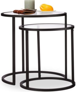 Relaxdays Set 2 Mesas Auxiliares Redondas, Acero-Cristal, Negro, 50,5 x 50 x 50 cm