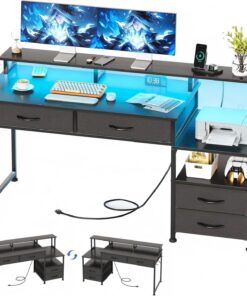 MUTUN Escritorio para computadora de 135 cm con toma de corriente, cajones de tela, color negro | Estación de carga, reversible, 4 cajones de tela y soporte para monitor, gran espacio de almacenamiento
