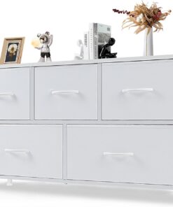 DUMOS Comode, Chipboard de Madera, Acero, Frontal de Tela Drawer, Blanco, 100T x 53B x 30H cm (5 Schubladen)