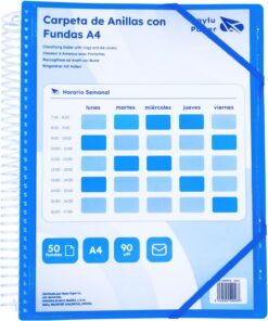 Raylu Paper® – Carpeta clasificadora con anillas con fundas transparentes A4 de 90 micras y sobre con cierre de velcro, tapa personalizable. Carpeta de fundas 100 % biodegradable. (50 Fundas, Azul)