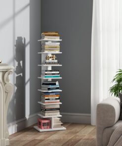 TUTOTAK Estantería vertical, estantería de 8 niveles, estante de libros de lomo estrecho para espacios pequeños, estante de pie de esquina para sala de estar, oficina, estudio, entrada, marrón rústico