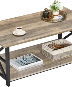 GreenForest Mesa de Centro con 2 Estantes, 100cm Mesa de Café con Redonda, Tablero de Estilo de Moderno en Macro de para la Salón,Lavado Gris