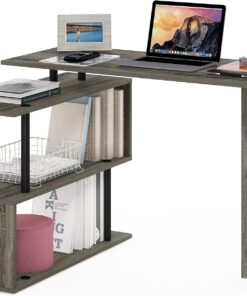 Furinno Moore - Escritorio de ordenador, forma de L, con estantes de 3 niveles, color roble francés y negro
