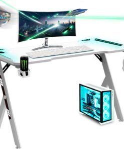 NK Mesa Escritorio Gaming con LED (120x60cm) - Portavasos y Botellas, Soporte Auriculares/Cascos, Gestión de Cables, Gaming Desk, Tabla 1.5cm (Resistencia) Peso Máximo 100kg (Blanco)
